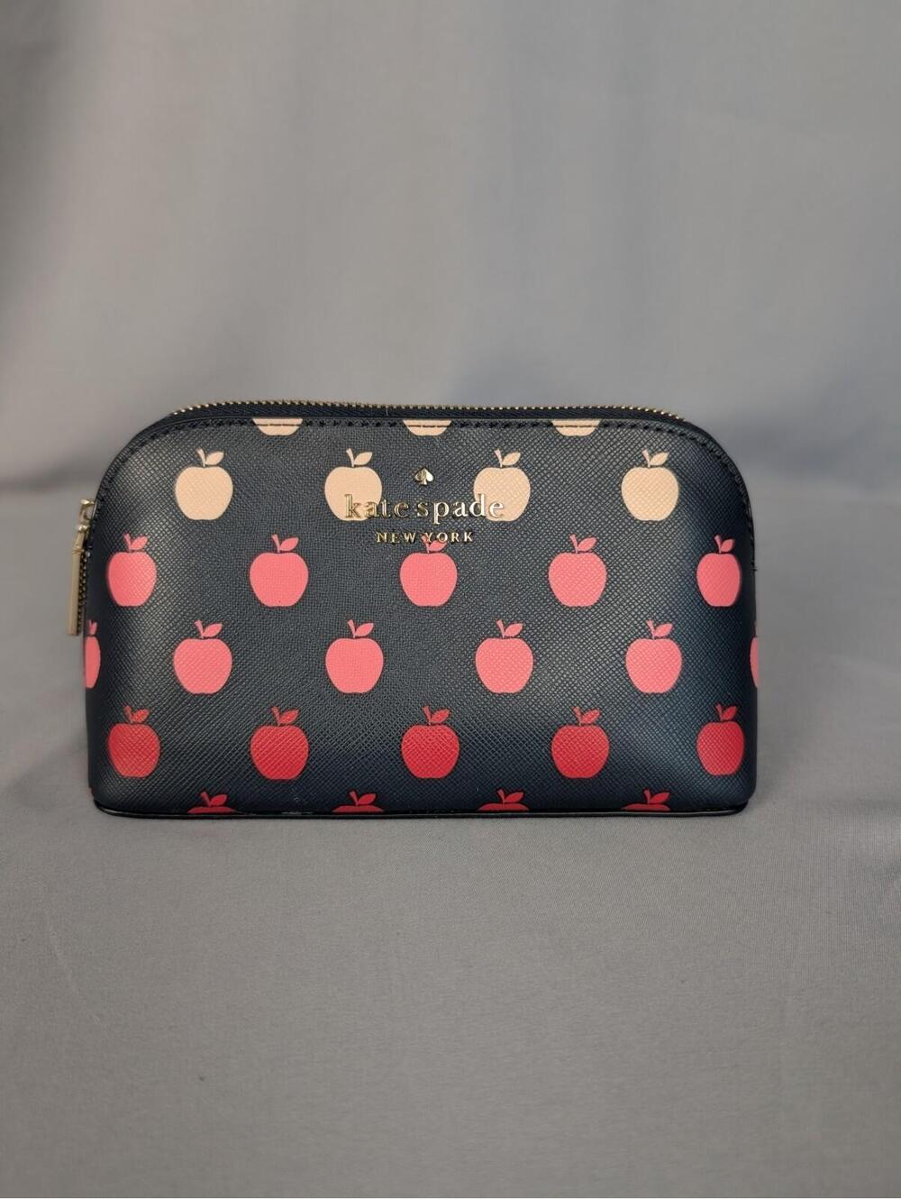 Kate Spade New York Apple Print Navy Cosmetic Bag Makeup Pouch Zip Dome